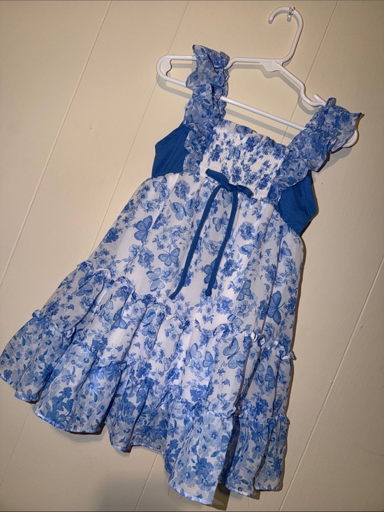 Other - Blue Floral Ruffle Girls Dress with Butterfly Print